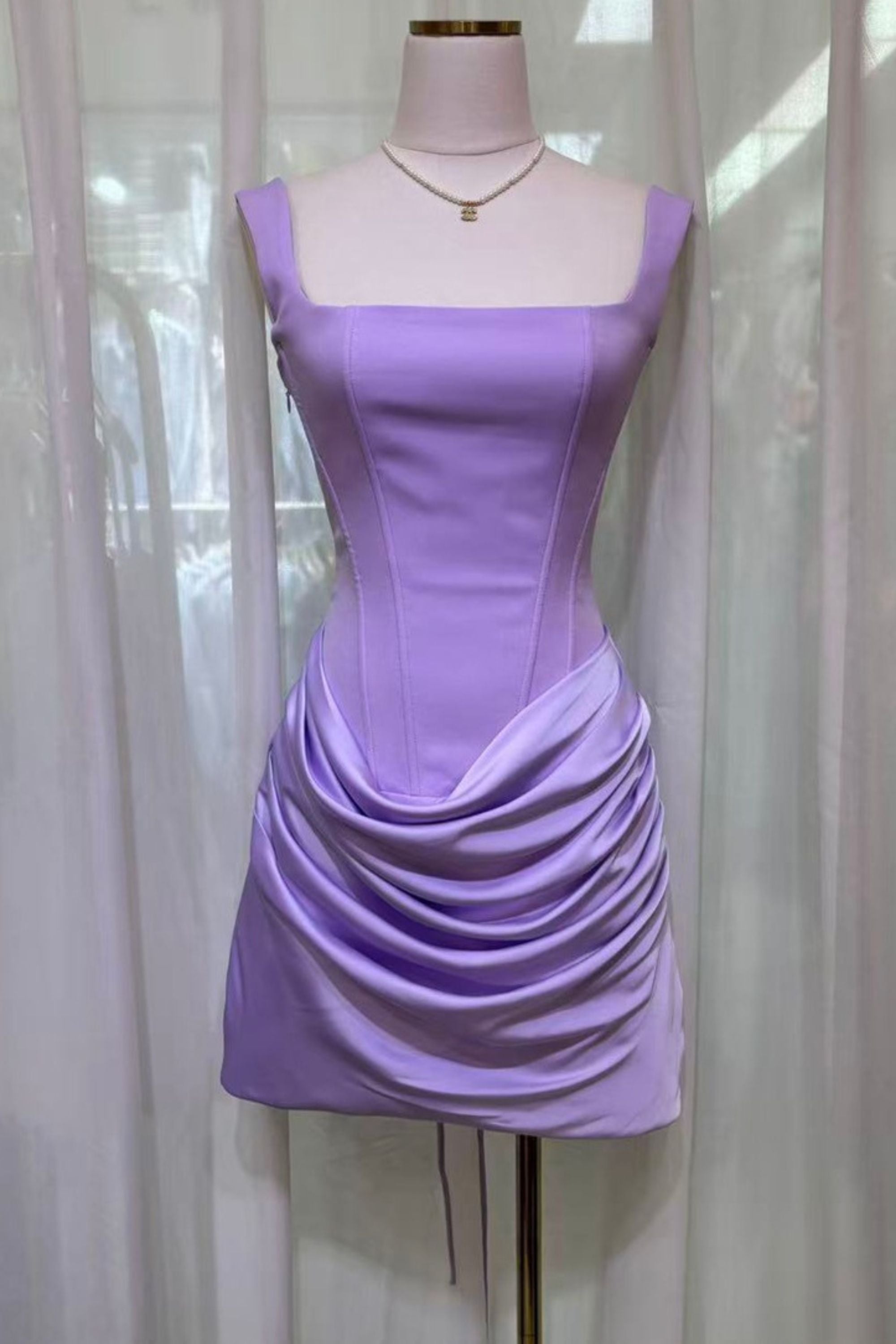Square neckline belted mini dress