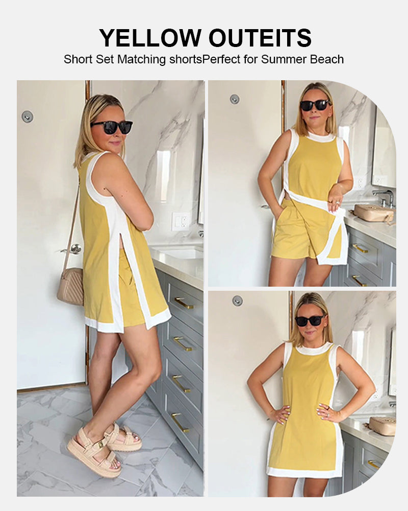 Women's Casual Two Piece Sets Color Block Crewneck Short Sleeve Pullover Tops Matching Shorts with Pockets