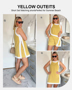 Women's Casual Two Piece Sets Color Block Crewneck Short Sleeve Pullover Tops Matching Shorts with Pockets
