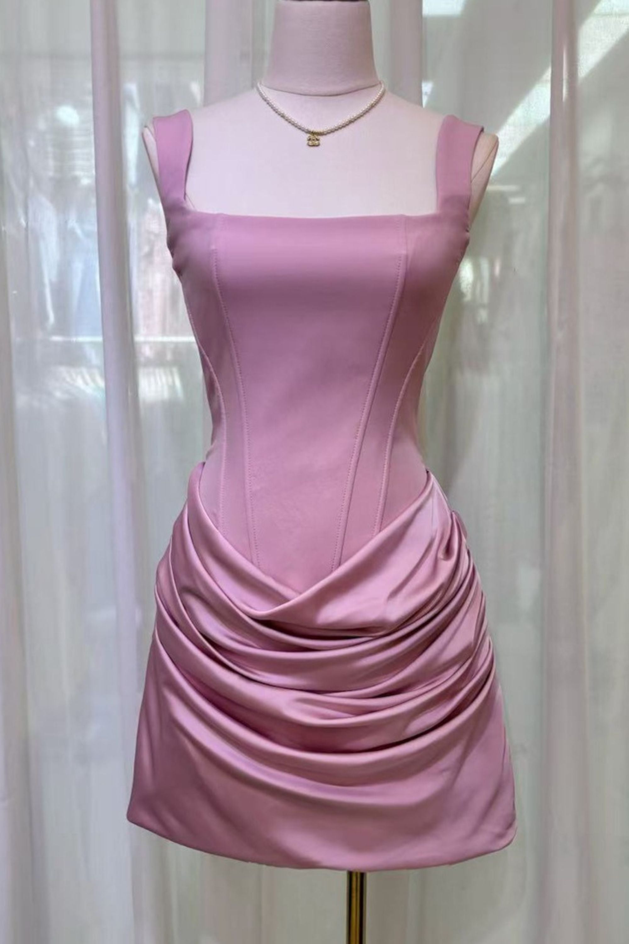 Square neckline belted mini dress