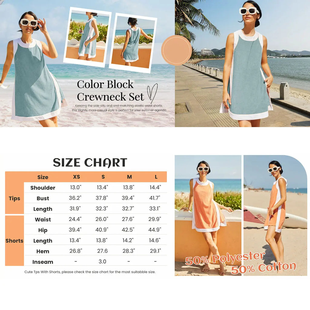 Women's Casual Two Piece Sets Color Block Crewneck Short Sleeve Pullover Tops Matching Shorts with Pockets