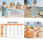 Women's Casual Two Piece Sets Color Block Crewneck Short Sleeve Pullover Tops Matching Shorts with Pockets