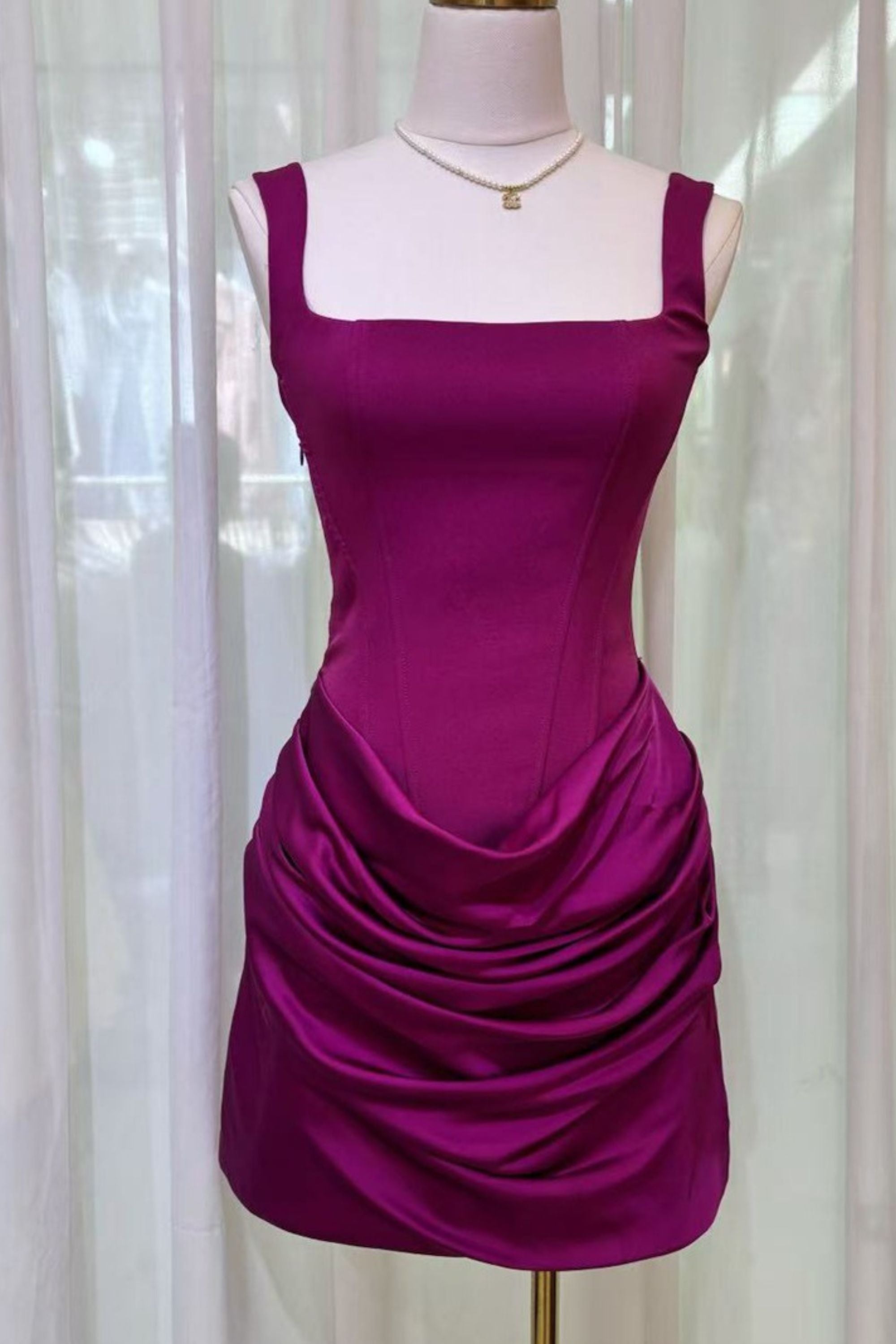 Square neckline belted mini dress