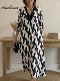💝💝Elegant Art Print Color Block Trim V-neck Midi Dress